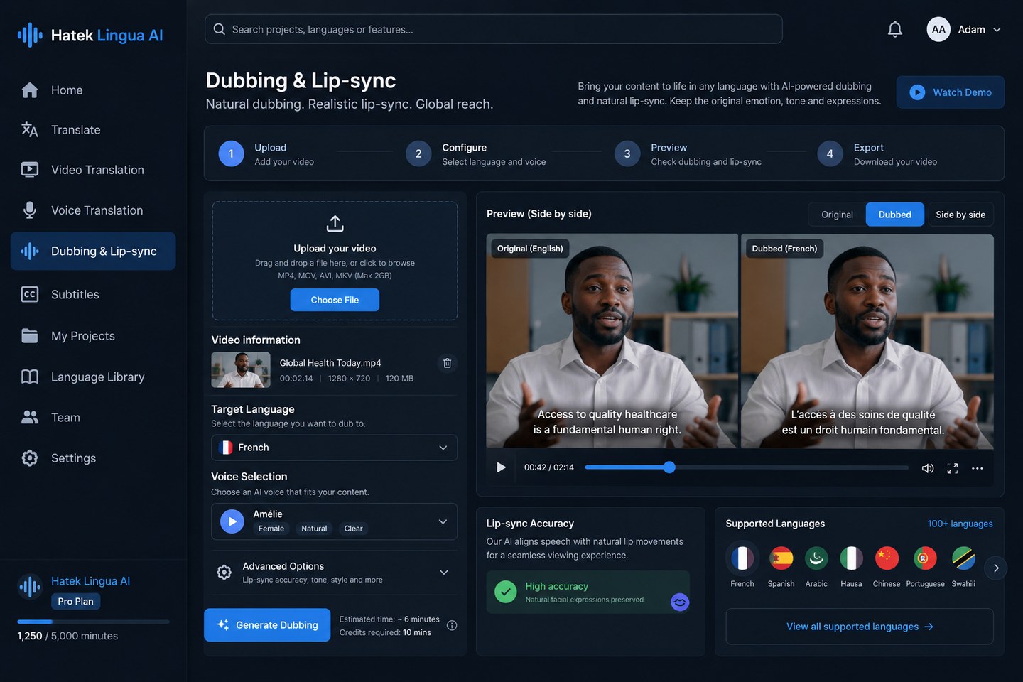 Hatek Lingua AI dubbing and lip-sync workspace