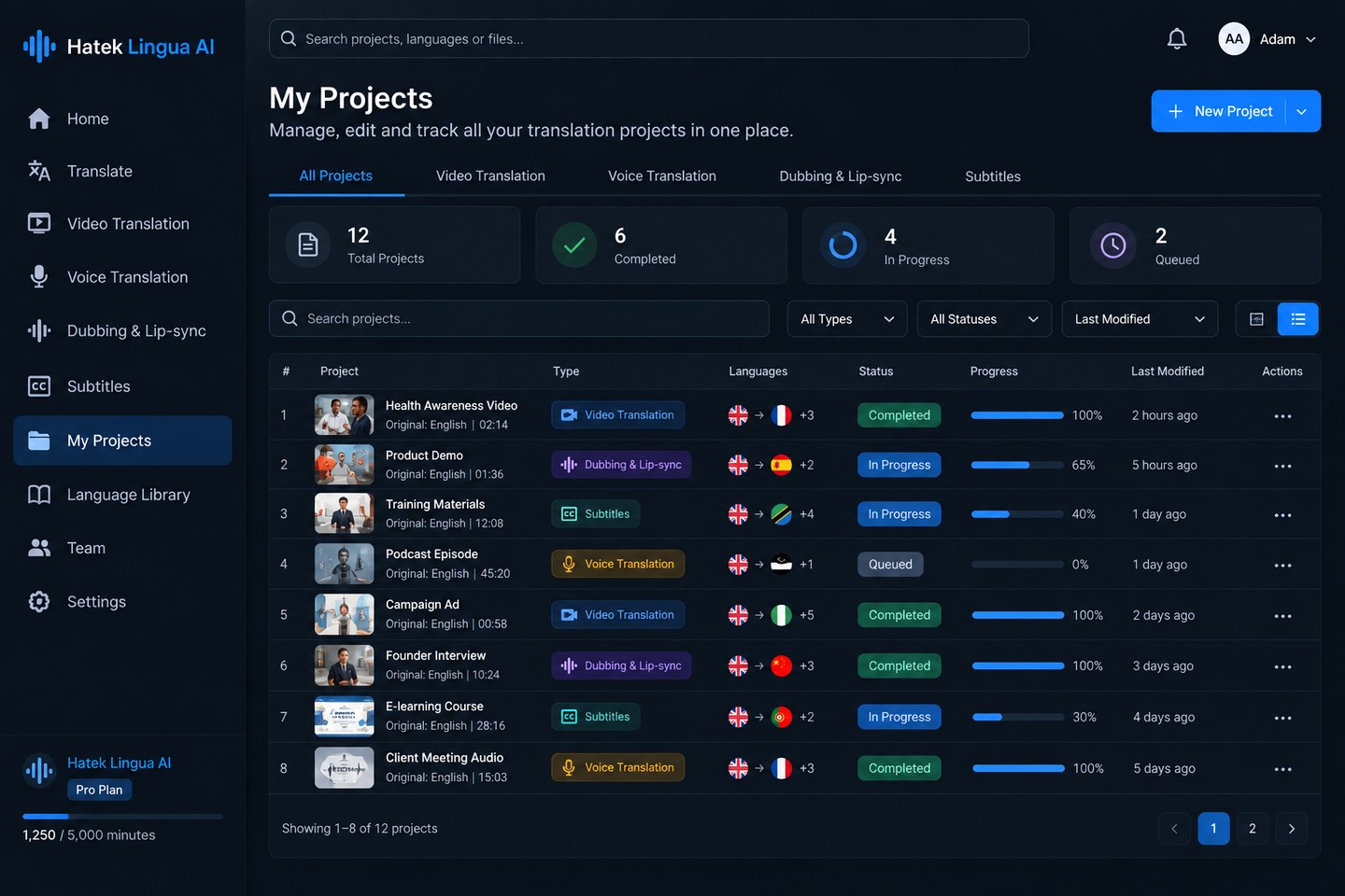 Hatek Lingua AI projects workspace