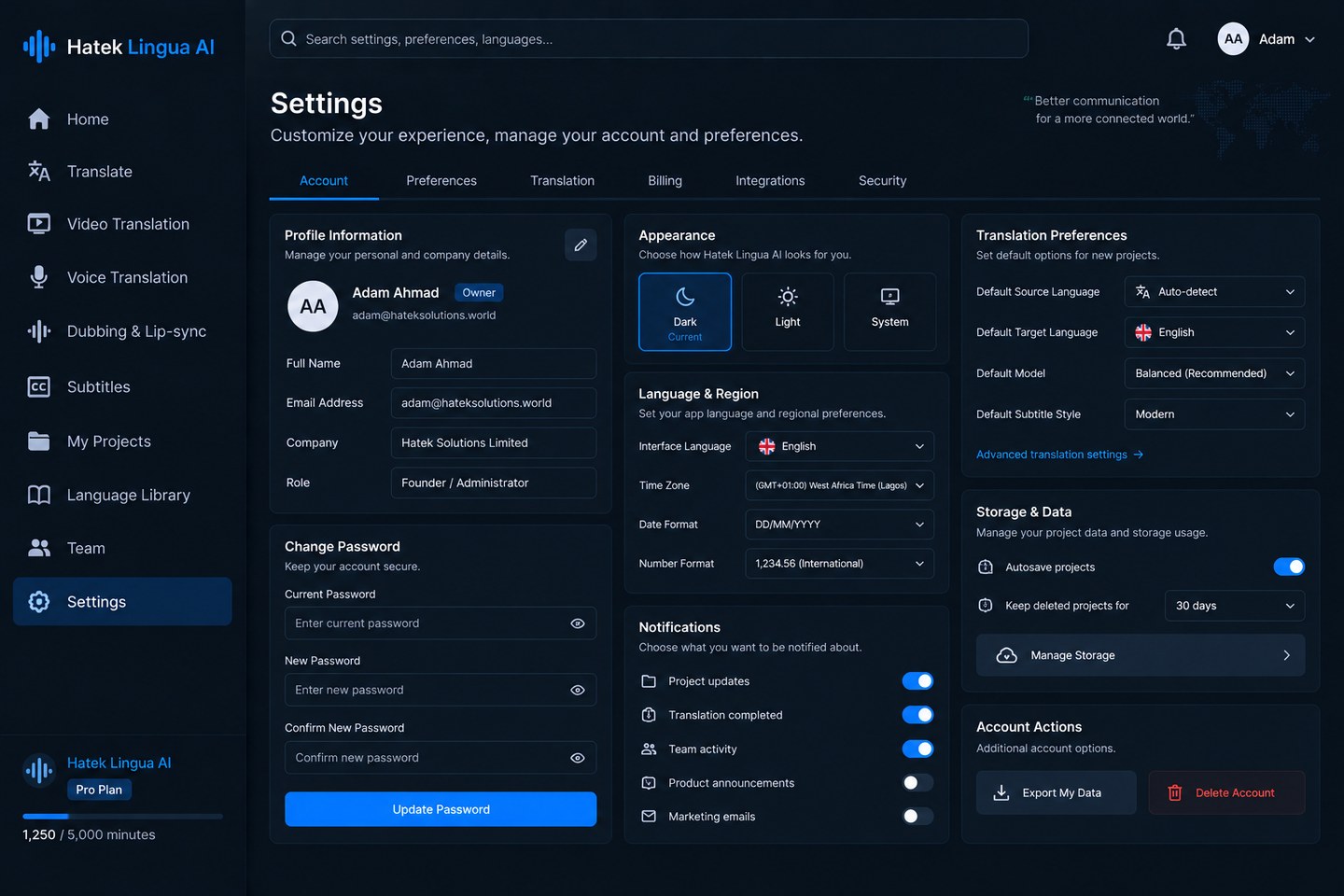 Hatek Lingua AI settings and workspace preferences