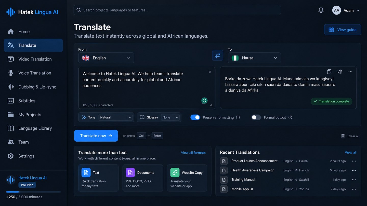 Hatek Lingua AI translation workspace with language selection