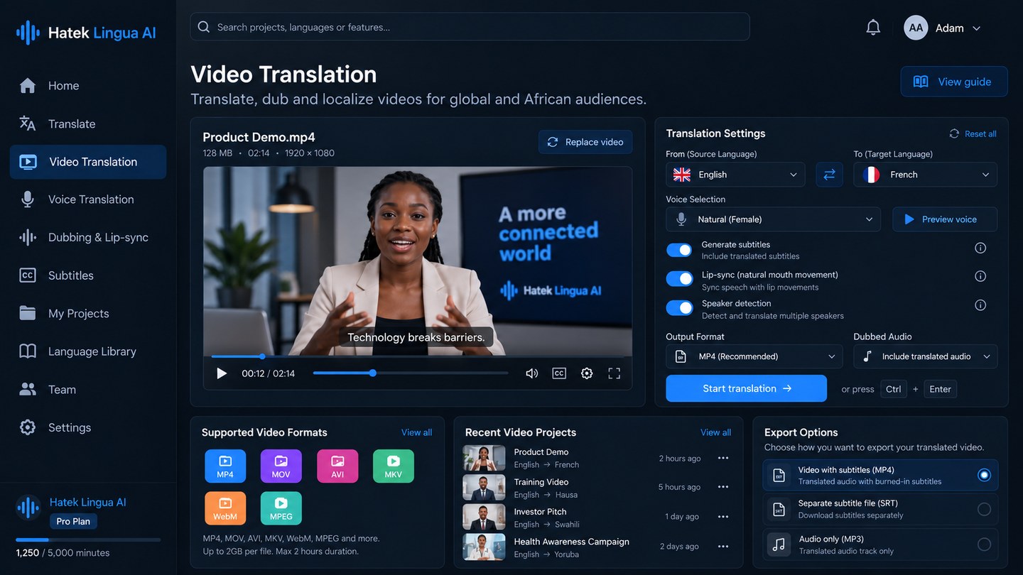 Hatek Lingua AI video translation workspace